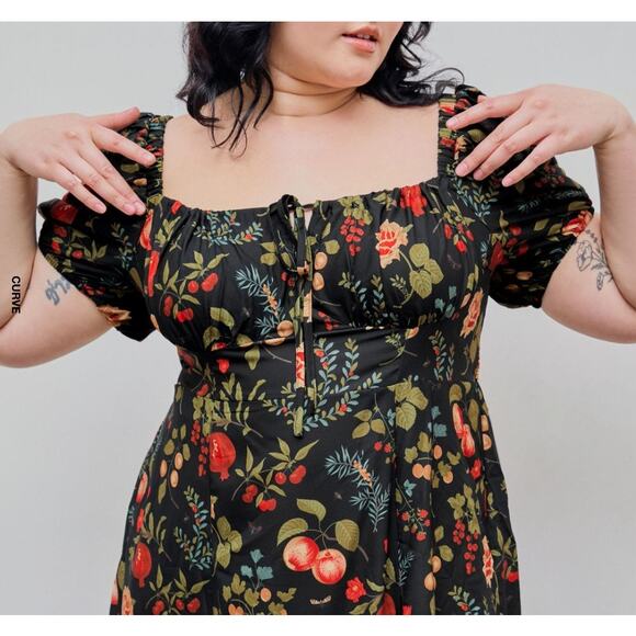 Cider Fruit Print Square Neck Puff Sleeve Midi Dress – Curve 1XL - Picture 9 of 9